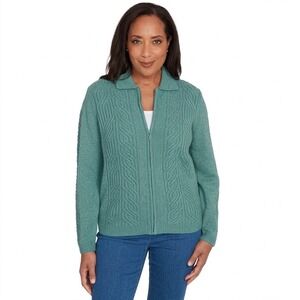 Alfred‎ Dunner Teal Green Chenille Cable Knit Full Zip Cardigan Sweater Womens L